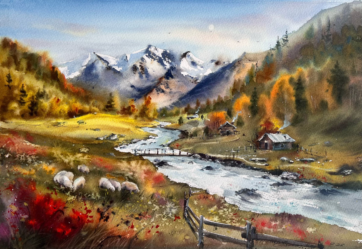 Mountain Landscape Watercolor, Alpine Village Painting, Autumn Valley Song 12x16