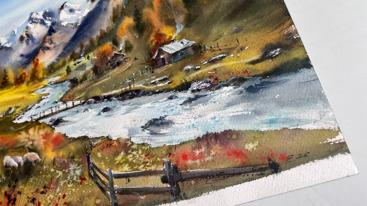 Mountain Landscape Watercolor, Alpine Village Painting, Autumn Valley Song 12x16