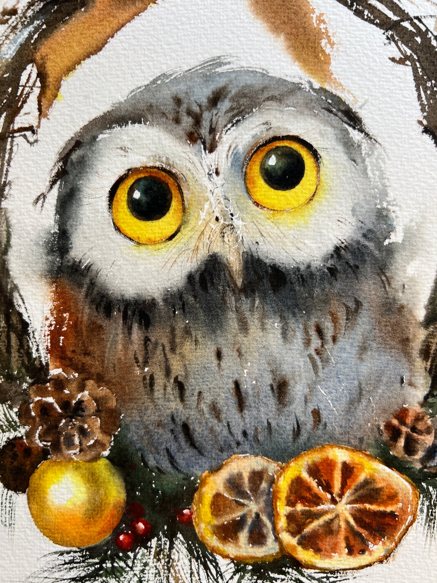 Owl and a Christmas Wreath - Original Watercolor Painting