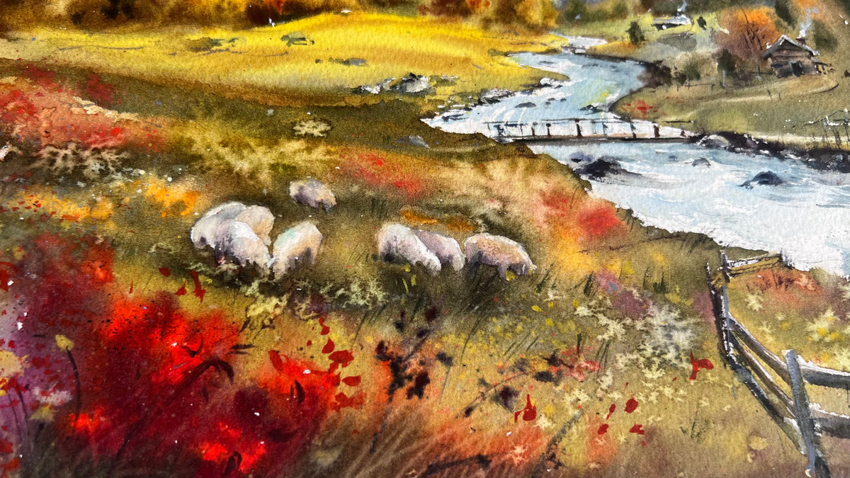 Mountain Landscape Watercolor, Alpine Village Painting, Autumn Valley Song 12x16