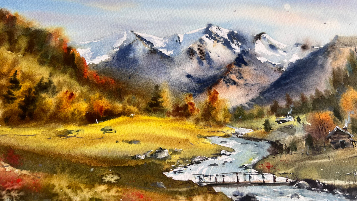 Mountain Landscape Watercolor, Alpine Village Painting, Autumn Valley Song 12x16