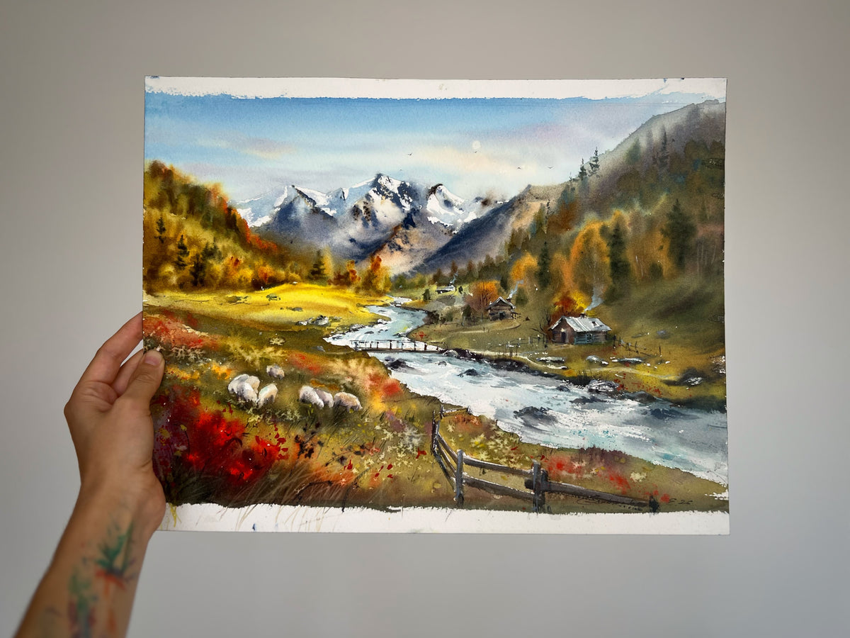Mountain Landscape Watercolor, Alpine Village Painting, Autumn Valley Song 12x16