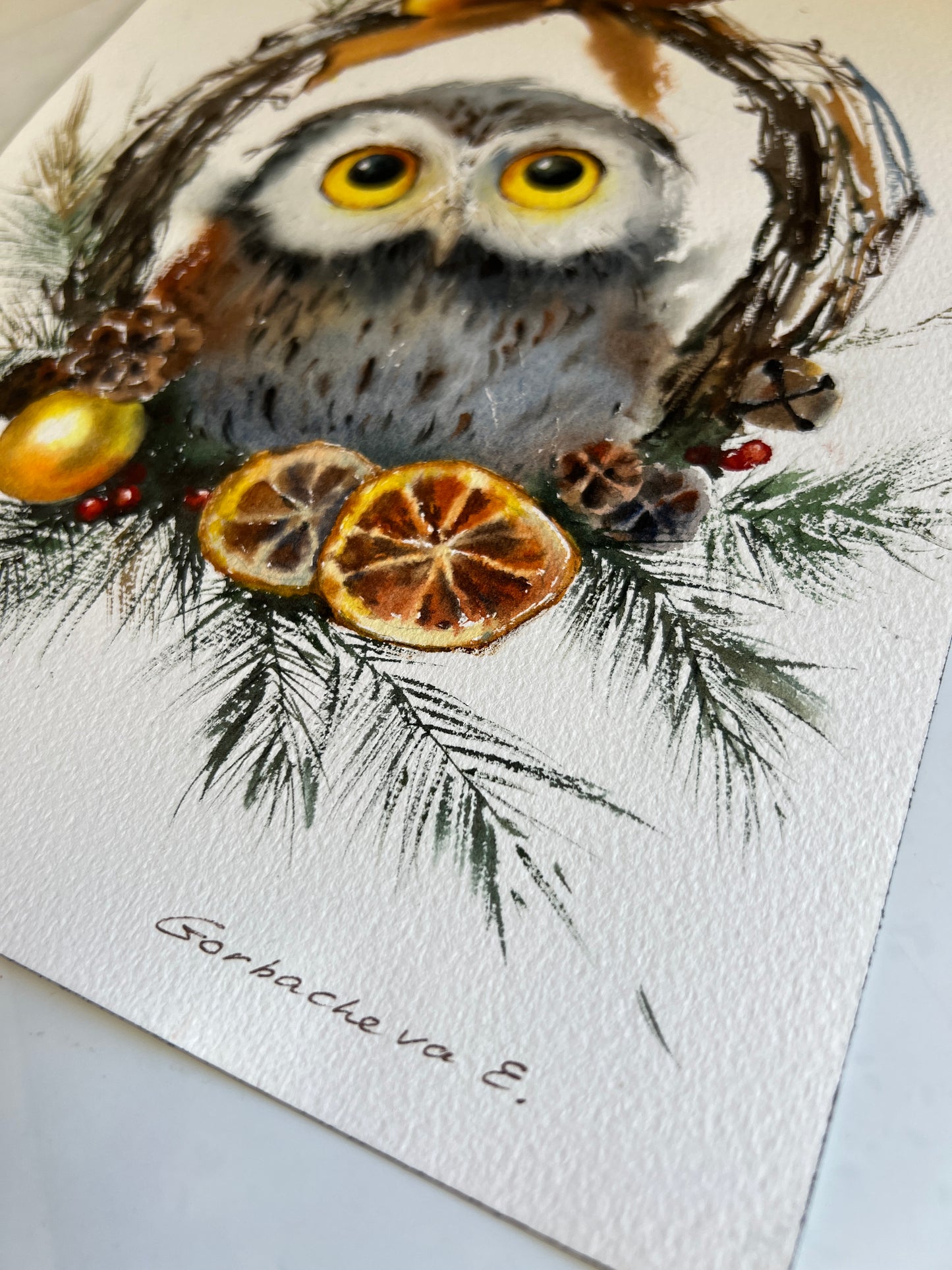 Owl and a Christmas Wreath - Original Watercolor Painting