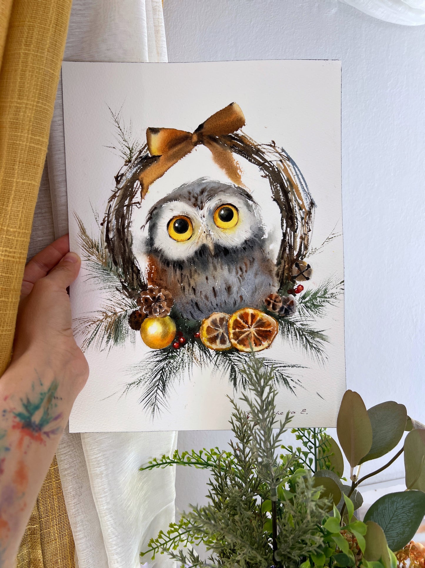 Owl and a Christmas Wreath - Original Watercolor Painting