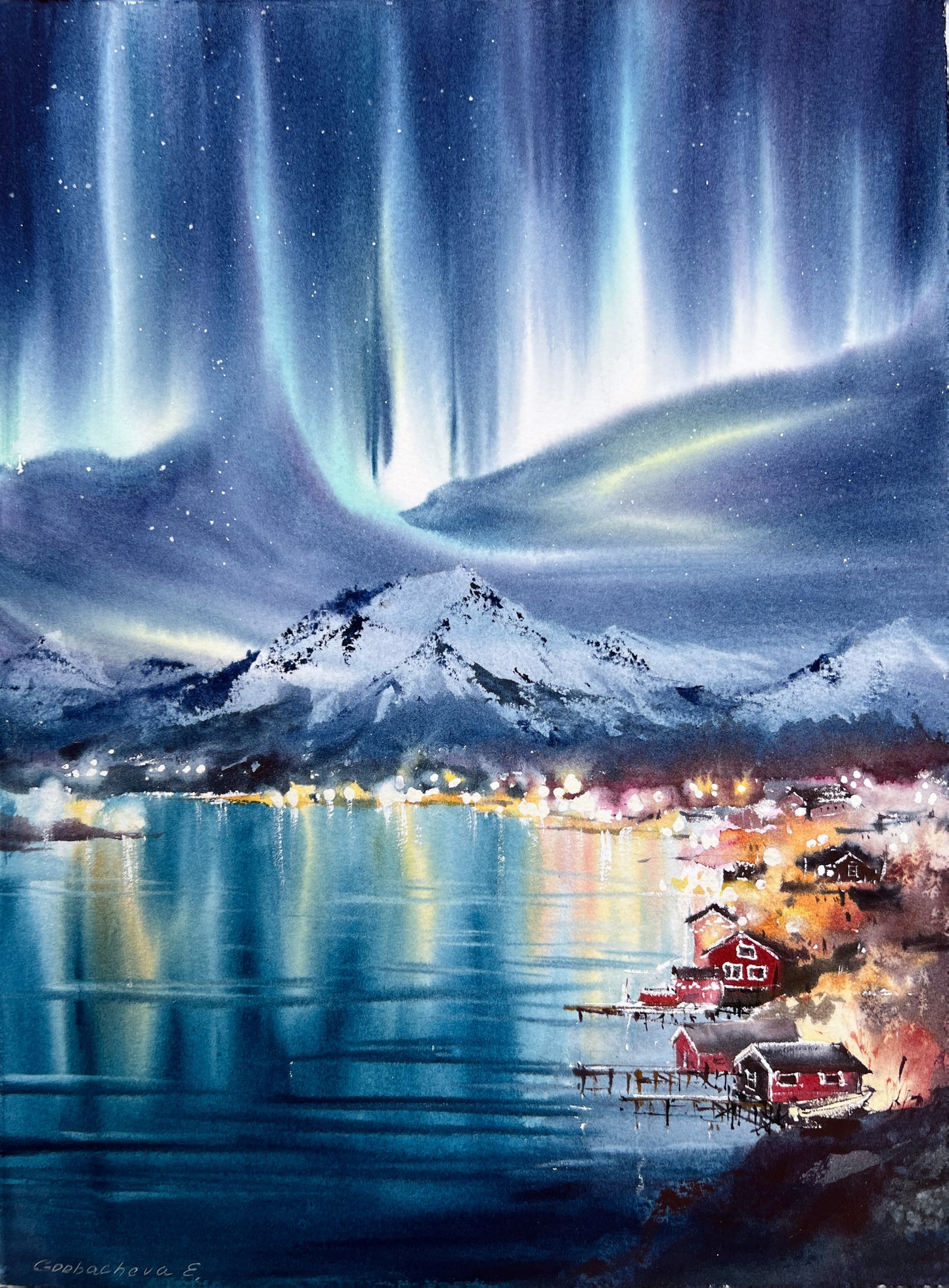Lofoten Islands Painting Original - Northern lights, Norway #2