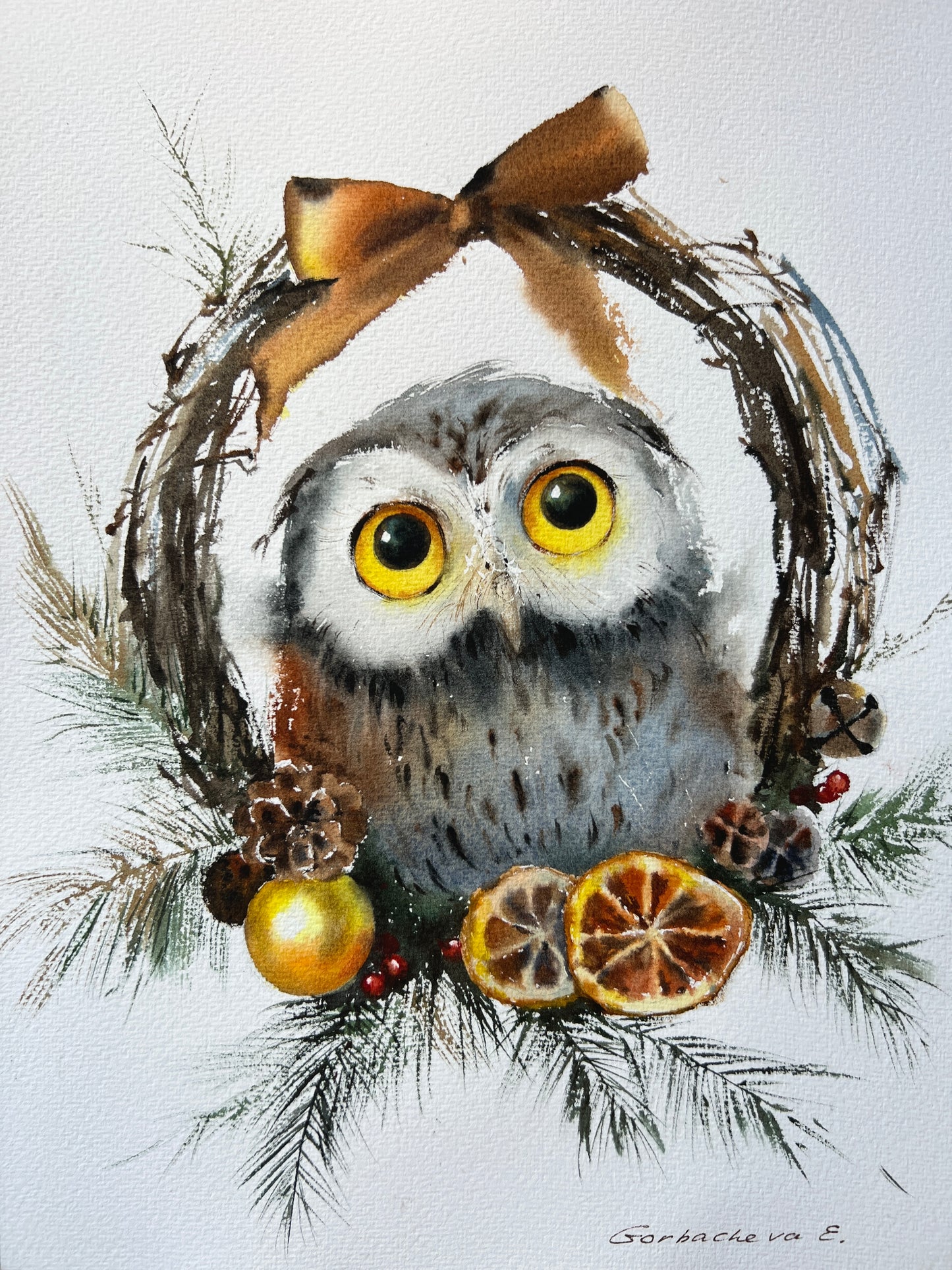 Owl and a Christmas Wreath - Original Watercolor Painting