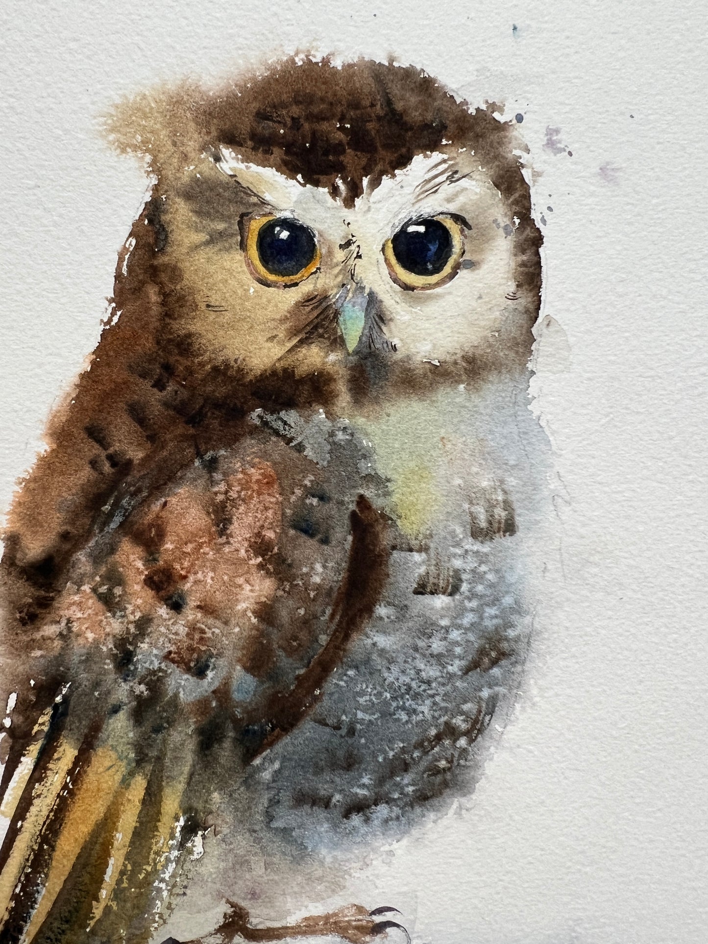 Little Owl Watercolor Painting, Small Original Artwork, New Year Christmas Gift For Bird Lover, Kids Room Wall Art Decor