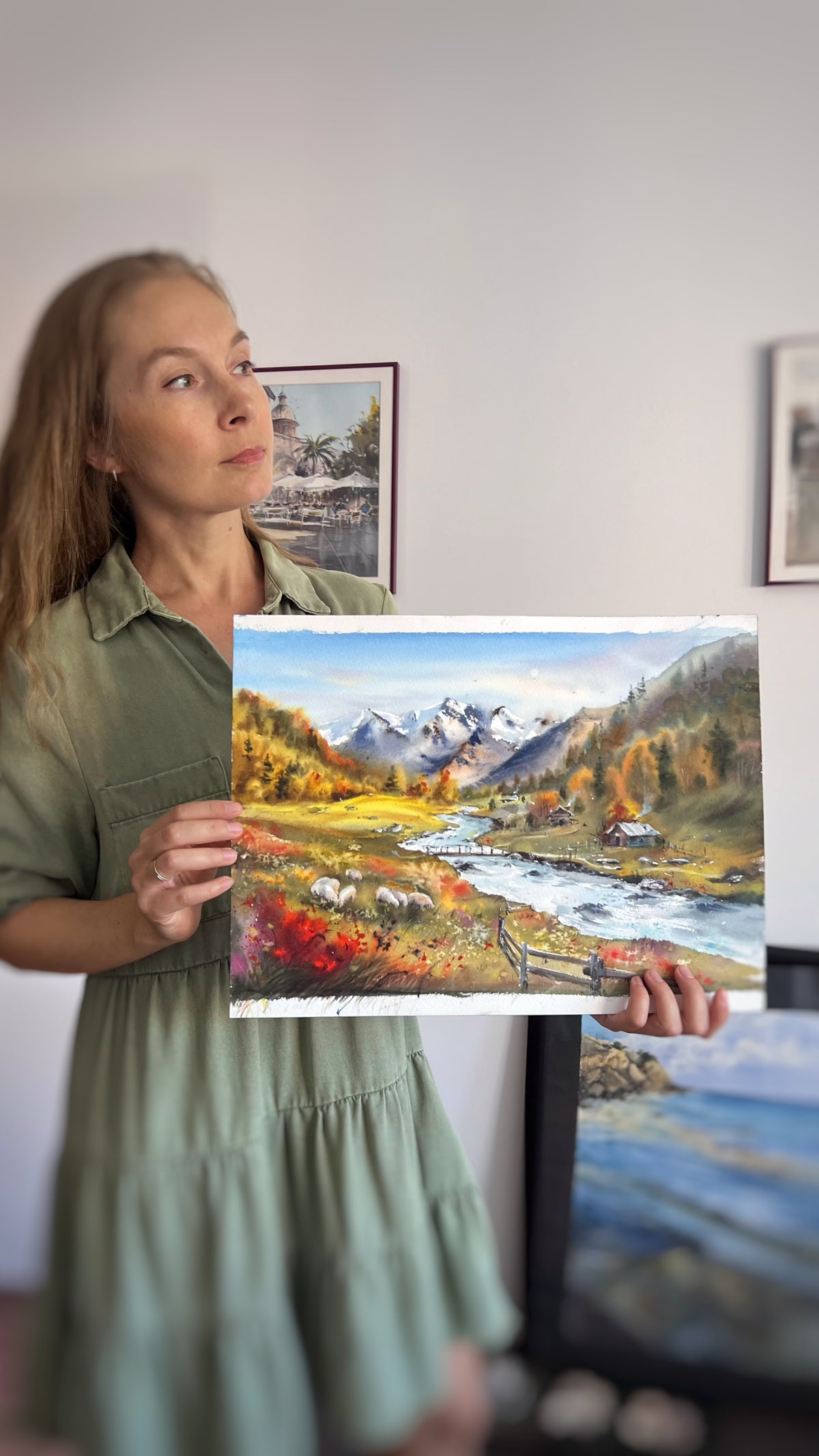 Mountain Landscape Watercolor, Alpine Village Painting, Autumn Valley Song 12x16