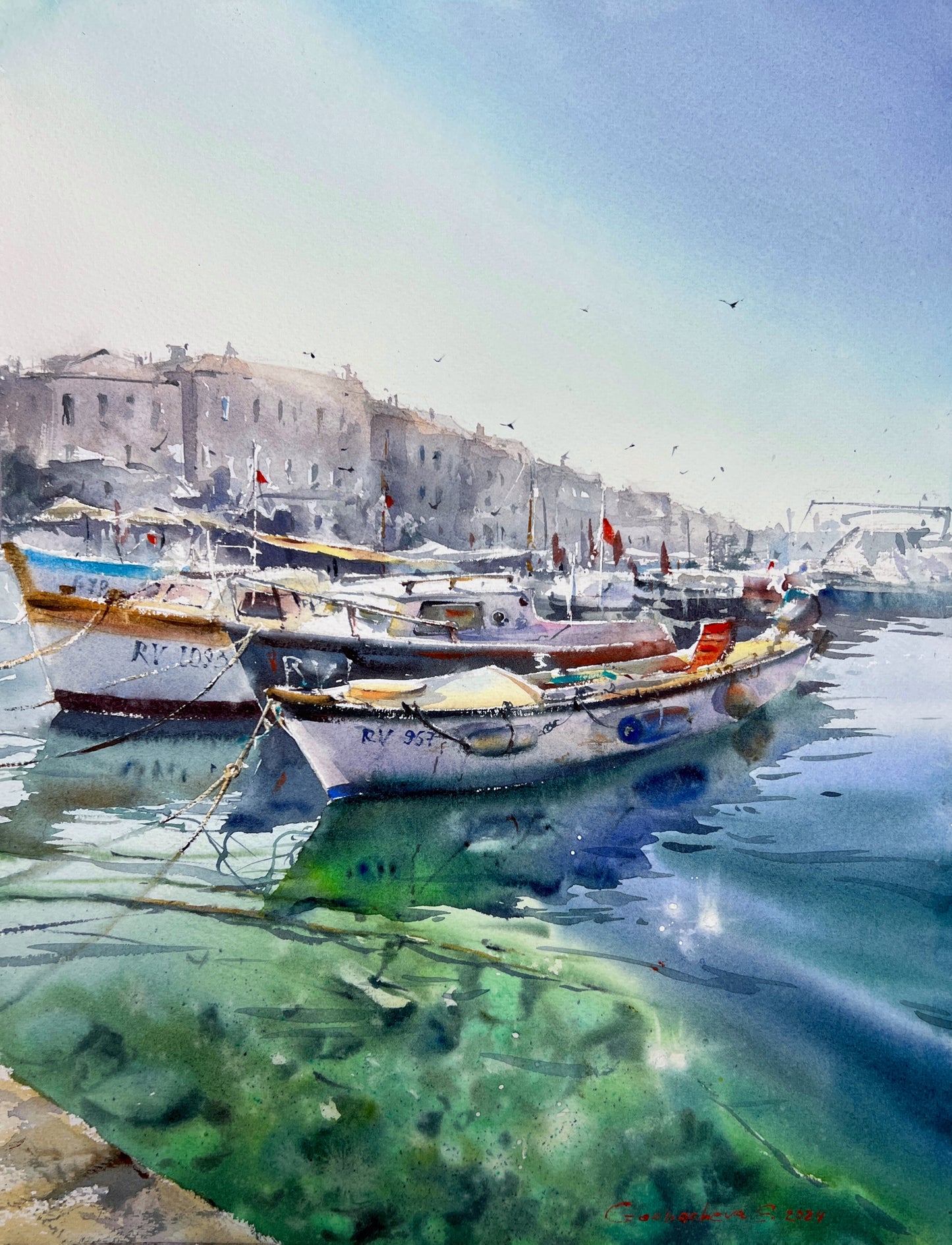 Painting Original Watercolor - Boats at the pier #4