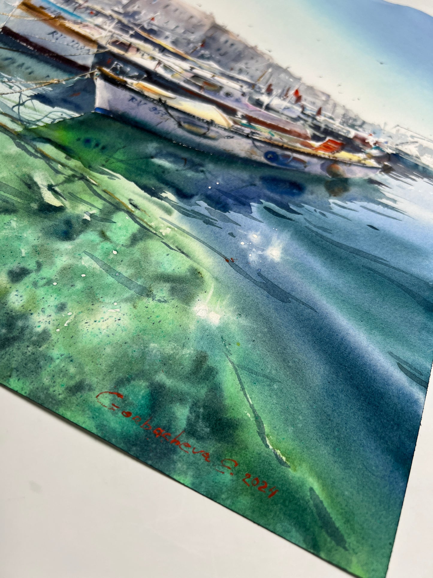 Painting Original Watercolor - Boats at the pier #4