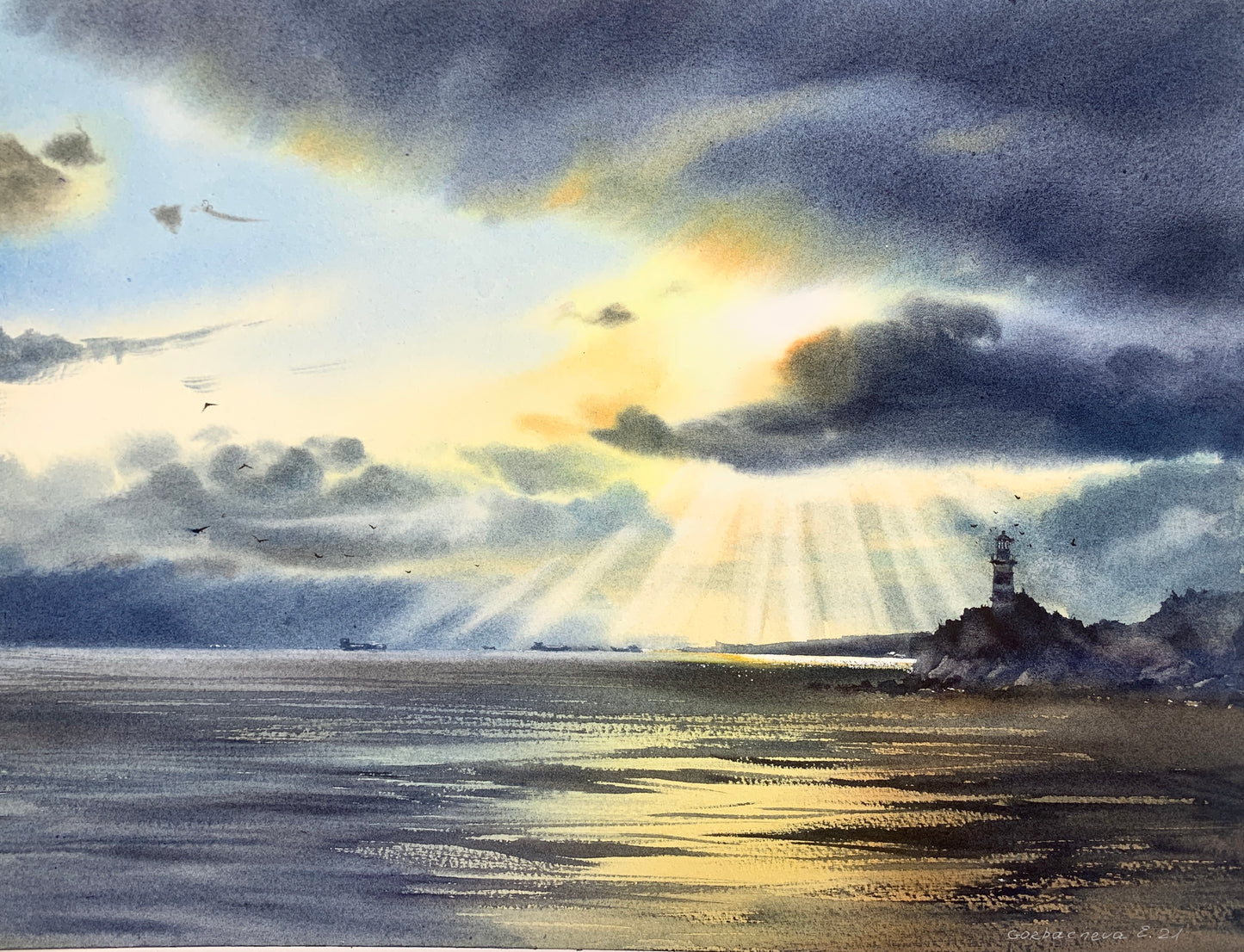 Watercolor Ocean Painting Lighthouse Original Art, Lighthouse in the sun 12x16