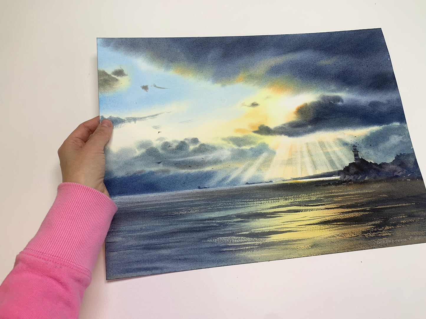 Watercolor Ocean Painting Lighthouse Original Art, Lighthouse in the sun 12x16