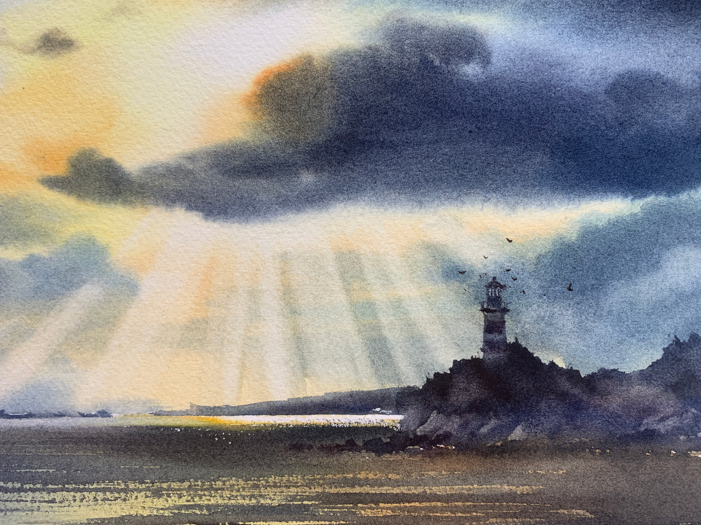 Watercolor Ocean Painting Lighthouse Original Art, Lighthouse in the sun 12x16