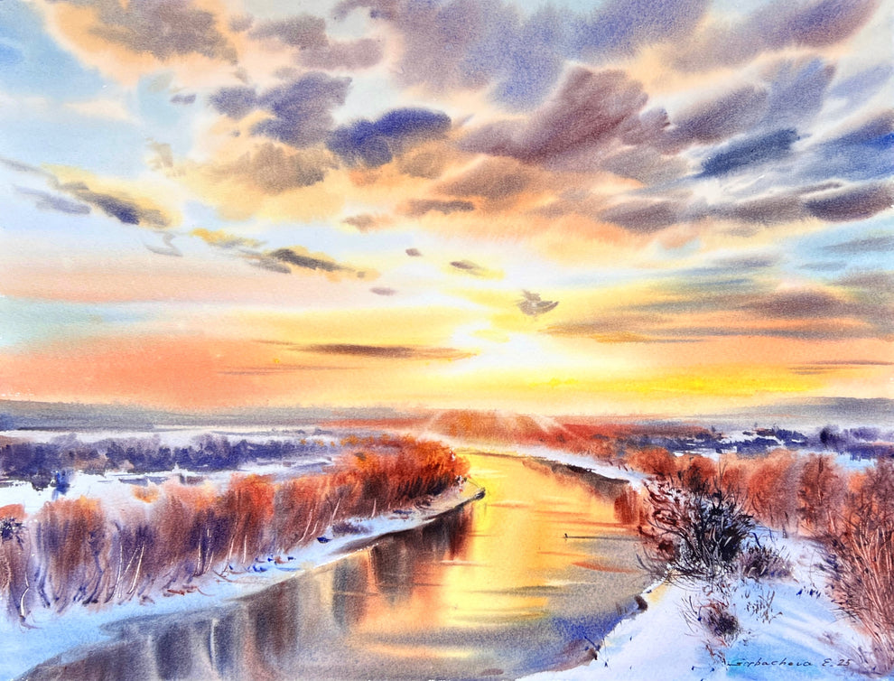 Winter Sunset River Watercolor Painting, Snowy Landscape Wall Art, Win ...