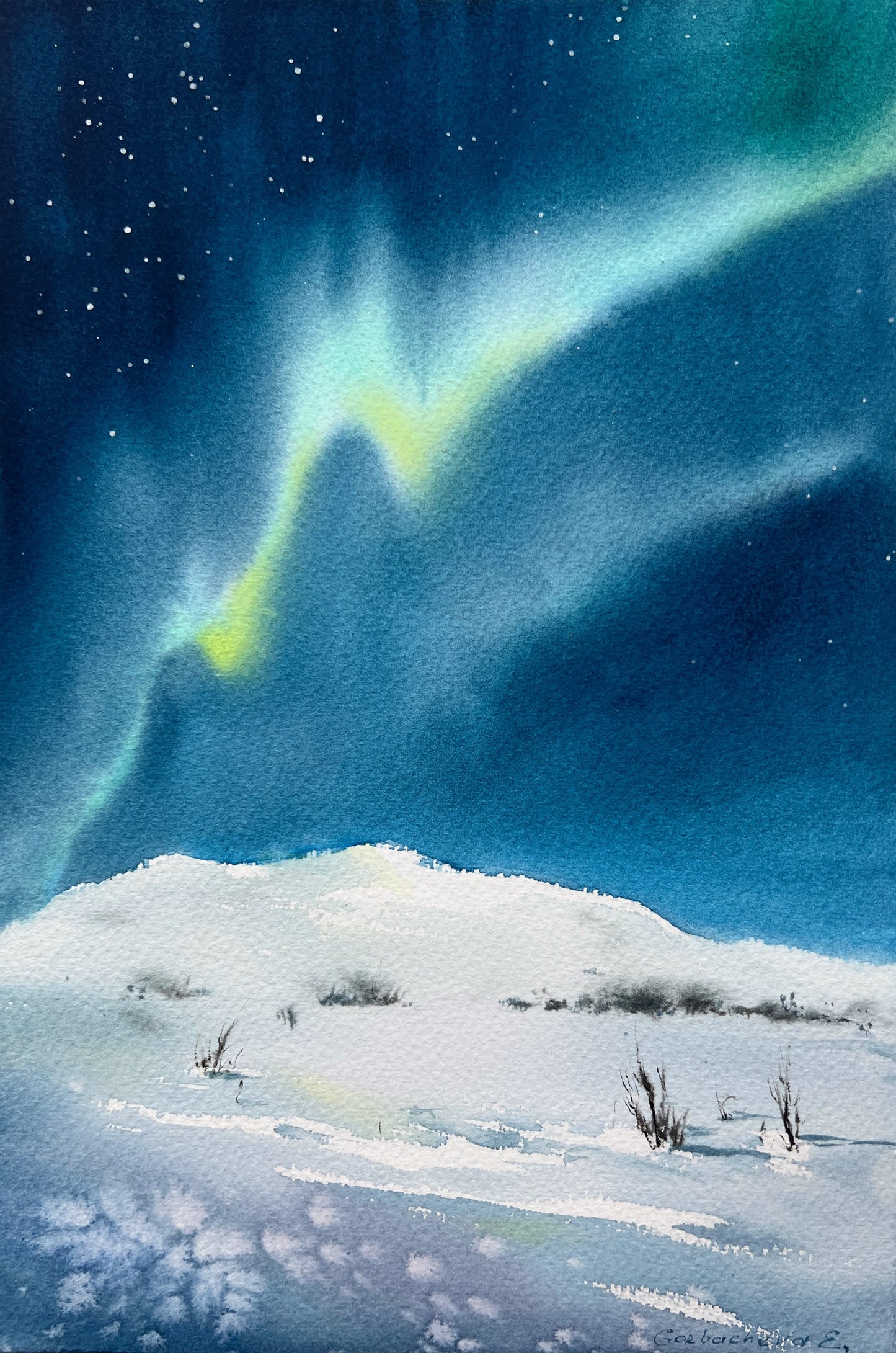 Aurora Painting Original, Watercolor Northern lights, Winter Landscape, Frozen Lake, Norwegian Art, Christmas Gift