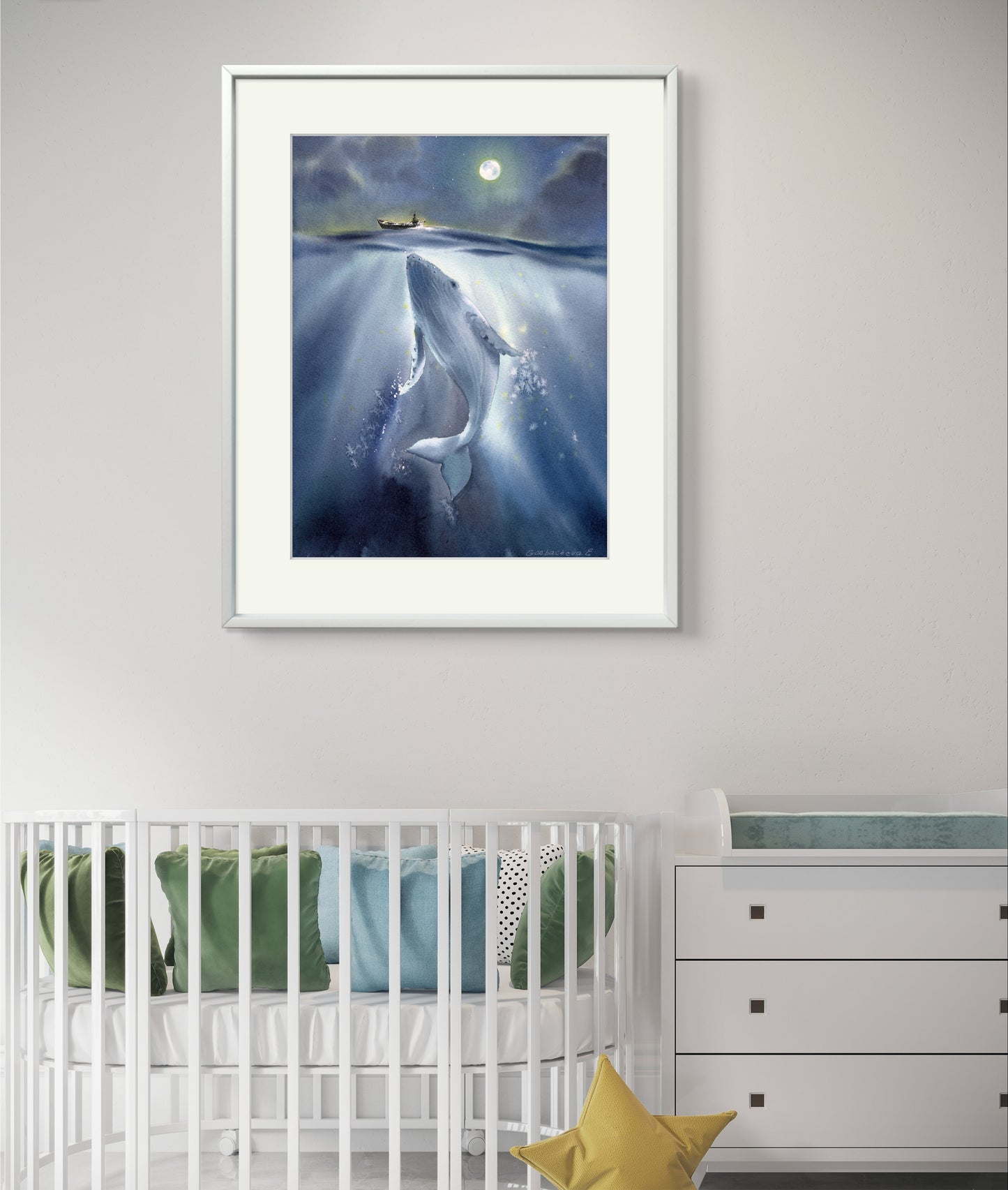 Whale Painting, Watercolor Art Print - Serene Whale Under Moonlit Sky, Perfect for Nursery Decor & Ocean Lovers