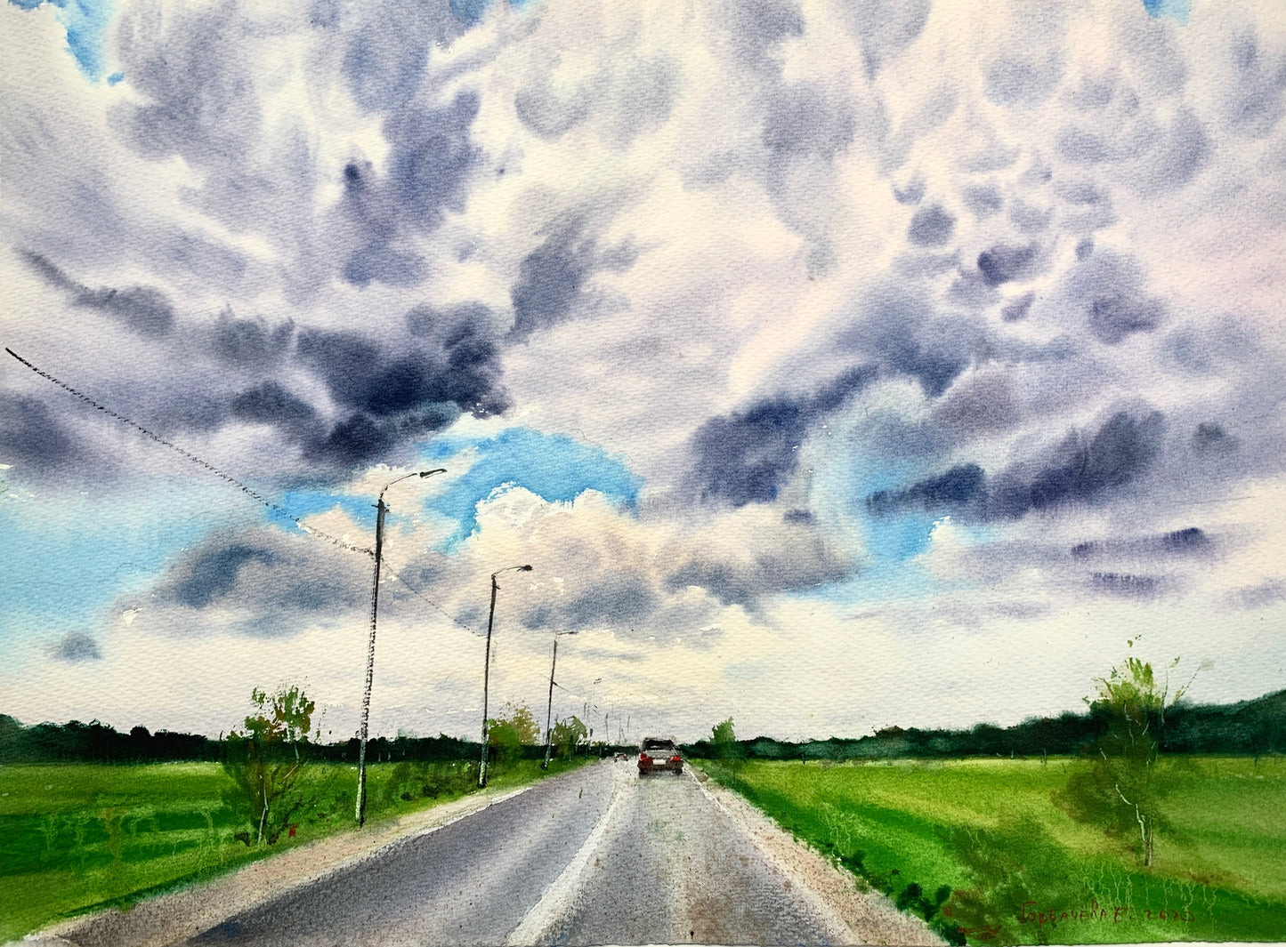 Rural Landscape Original Watercolor Painting - Road and clouds #2 - 16x22 in
