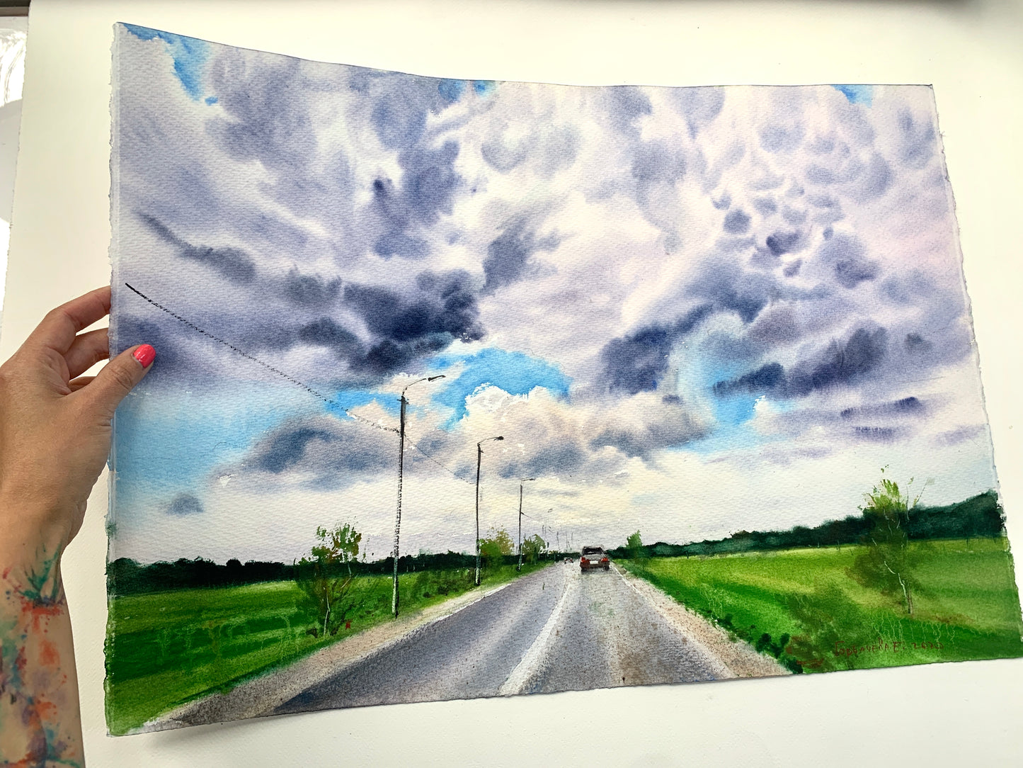 Rural Landscape Original Watercolor Painting - Road and clouds #2 - 16x22 in
