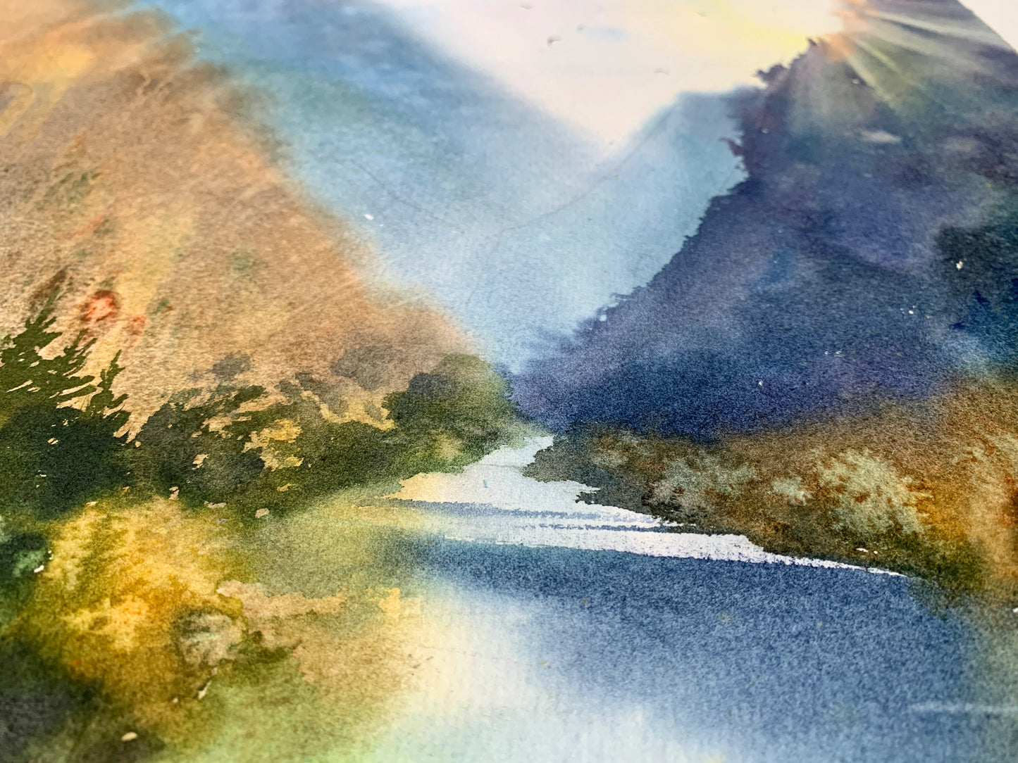 Lake Landscape Painting Watercolor Original - Mountains in Autumn #2 - 15 x 22 in