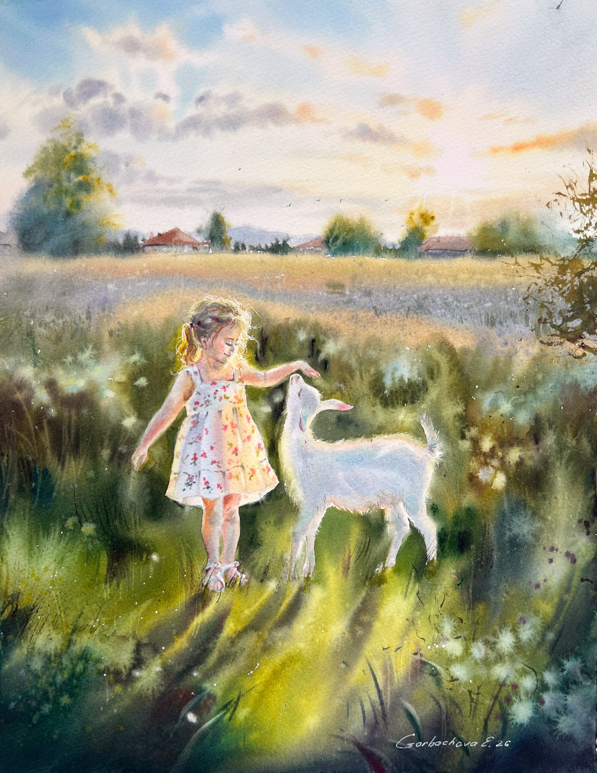 Watercolor Girl and White Goat Painting, Summer Meadow Landscape, The Quiet Joy of Childhood 12x16