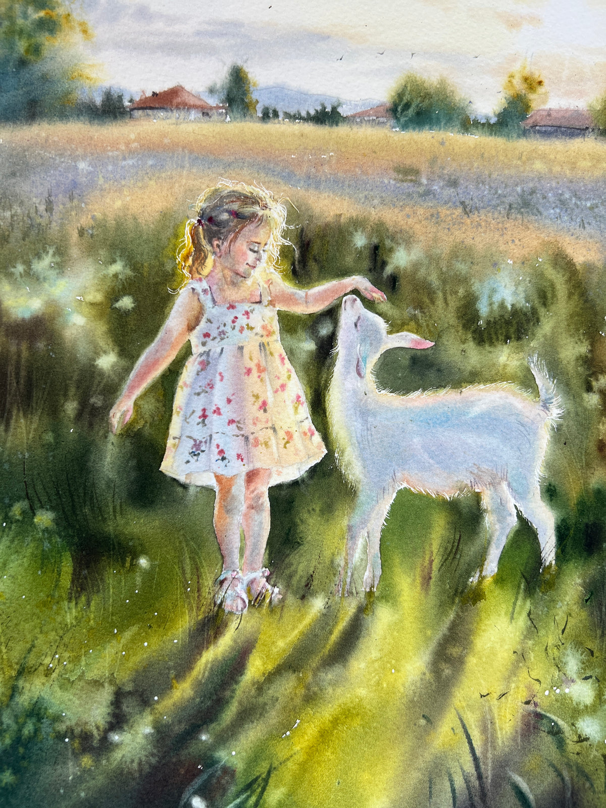 Watercolor Girl and White Goat Painting, Summer Meadow Landscape, The Quiet Joy of Childhood 12x16