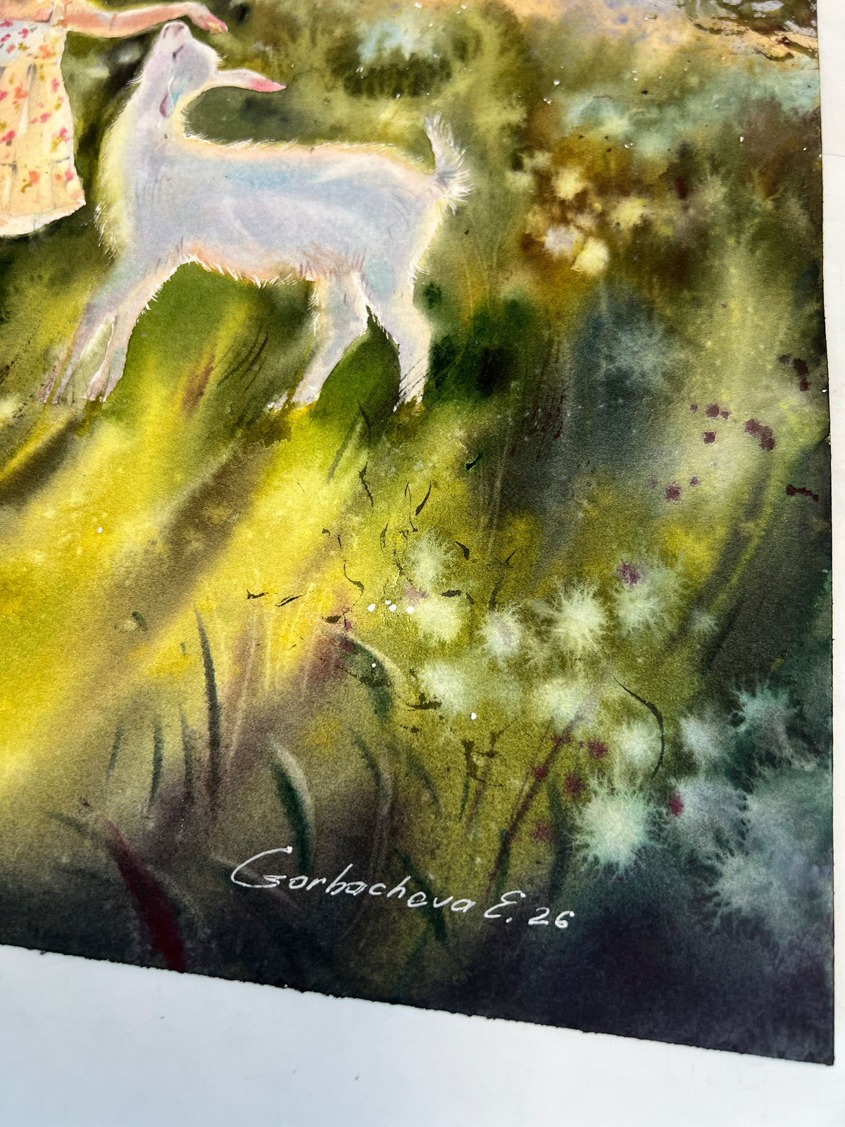 Watercolor Girl and White Goat Painting, Summer Meadow Landscape, The Quiet Joy of Childhood 12x16