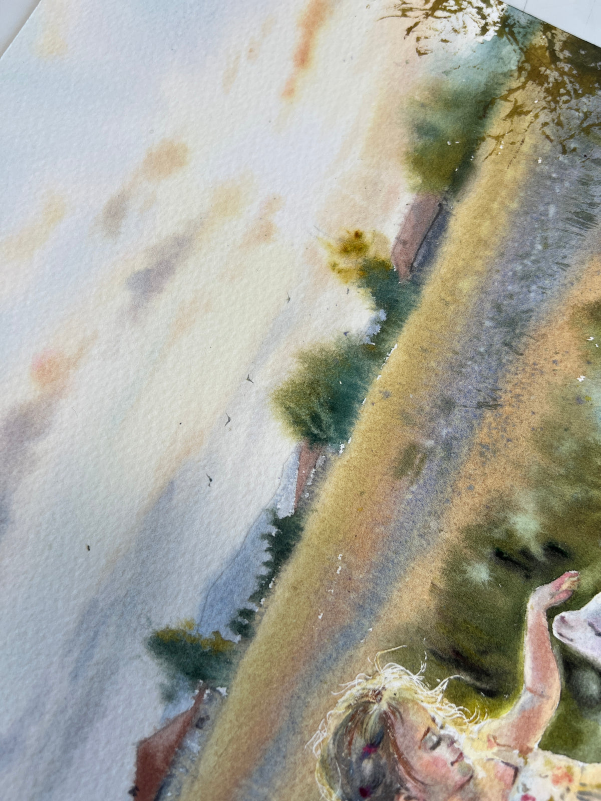 Watercolor Girl and White Goat Painting, Summer Meadow Landscape, The Quiet Joy of Childhood 12x16