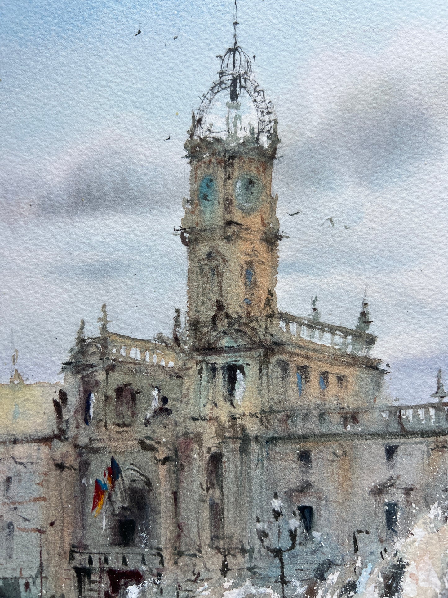 Original Watercolor Painting: Valencia Town Hall Square Cityscape with Fountain