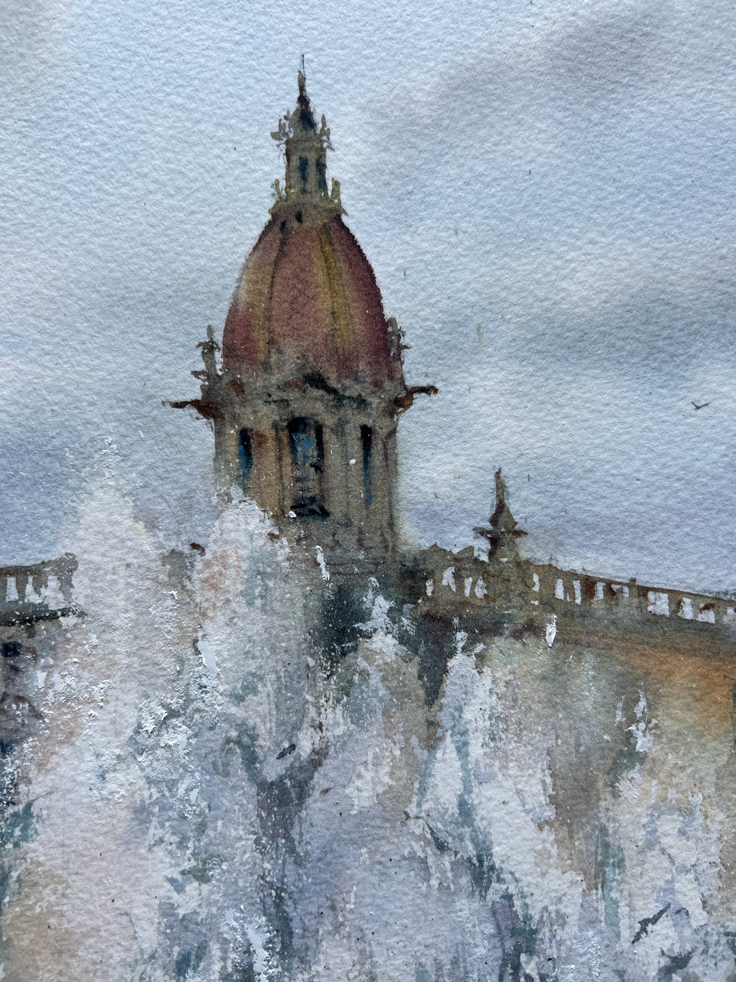 Original Watercolor Painting: Valencia Town Hall Square Cityscape with Fountain