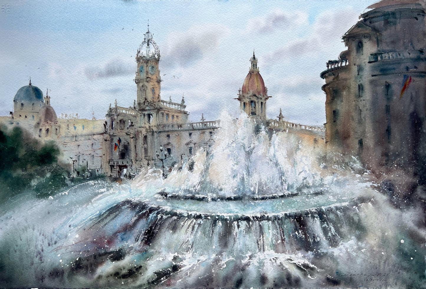 Original Watercolor Painting: Valencia Town Hall Square Cityscape with Fountain