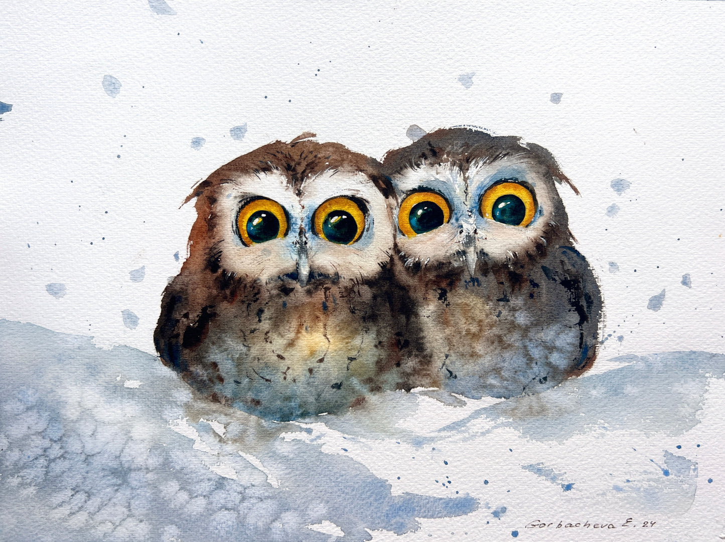 Whimsical Owl Duet in Snow - Unique Watercolor Painting