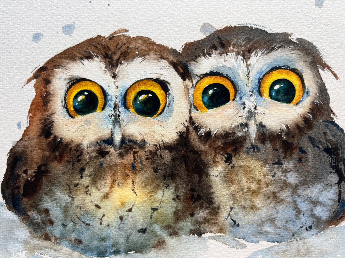 Whimsical Owl Duet in Snow - Unique Watercolor Painting