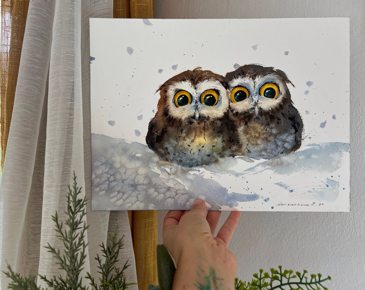 Whimsical Owl Duet in Snow - Unique Watercolor Painting