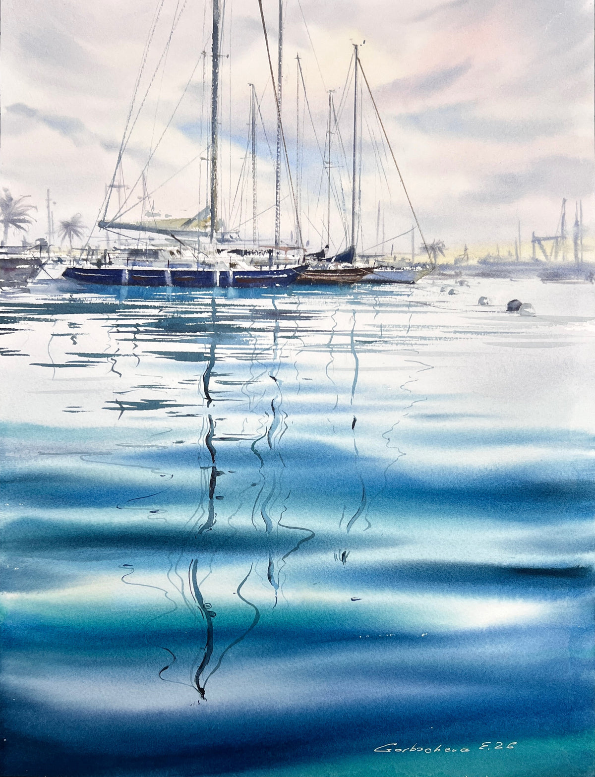 Sailboat Watercolor Painting, Blue Marina Wall Art, The Blue Silence 12x16