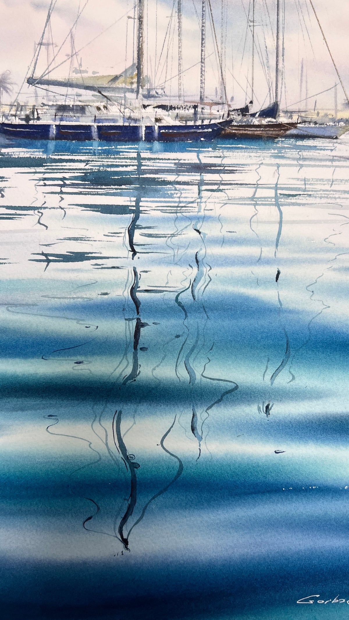 Sailboat Watercolor Painting, Blue Marina Wall Art, The Blue Silence 12x16