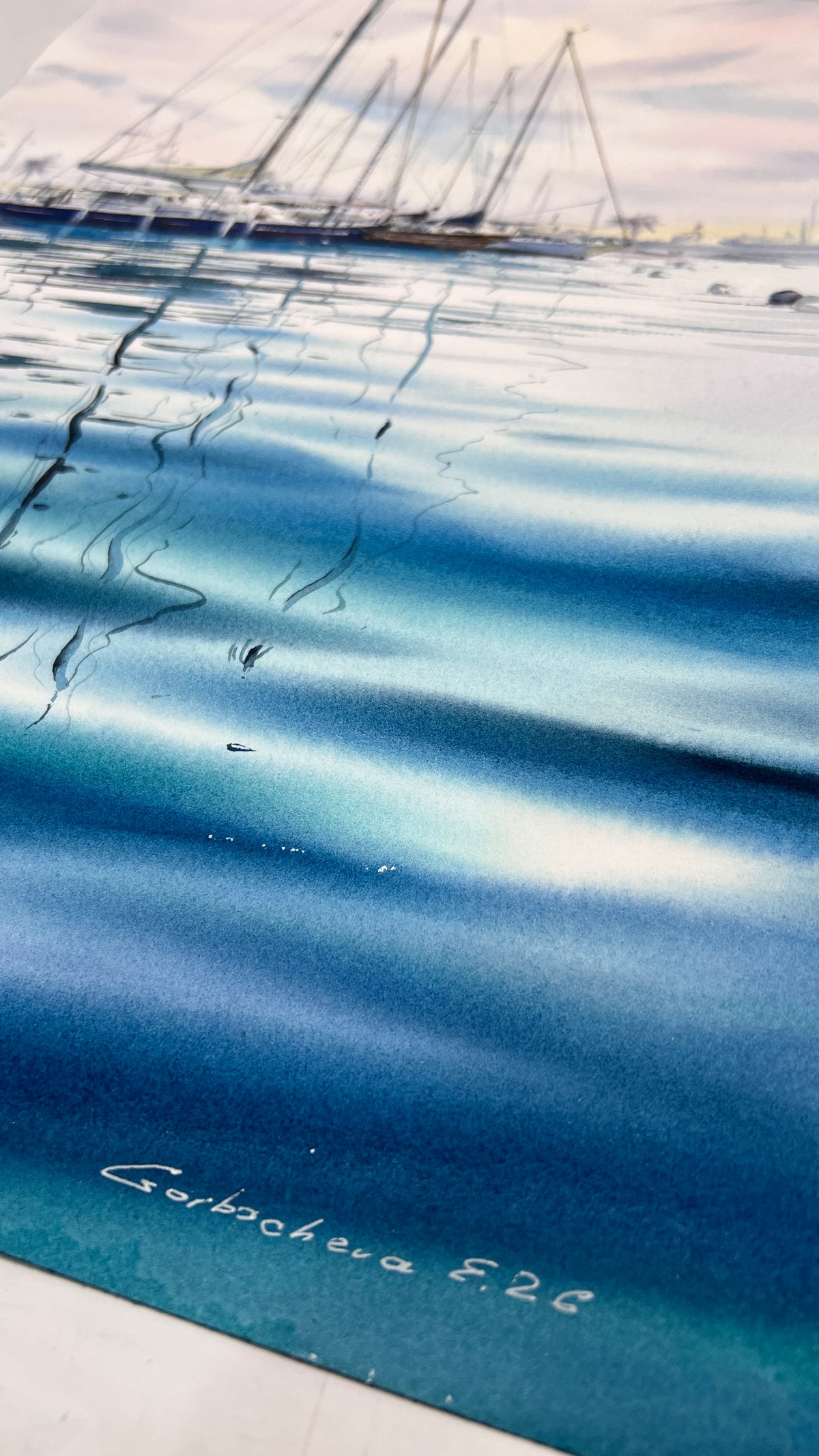 Sailboat Watercolor Painting, Blue Marina Wall Art, The Blue Silence 12x16