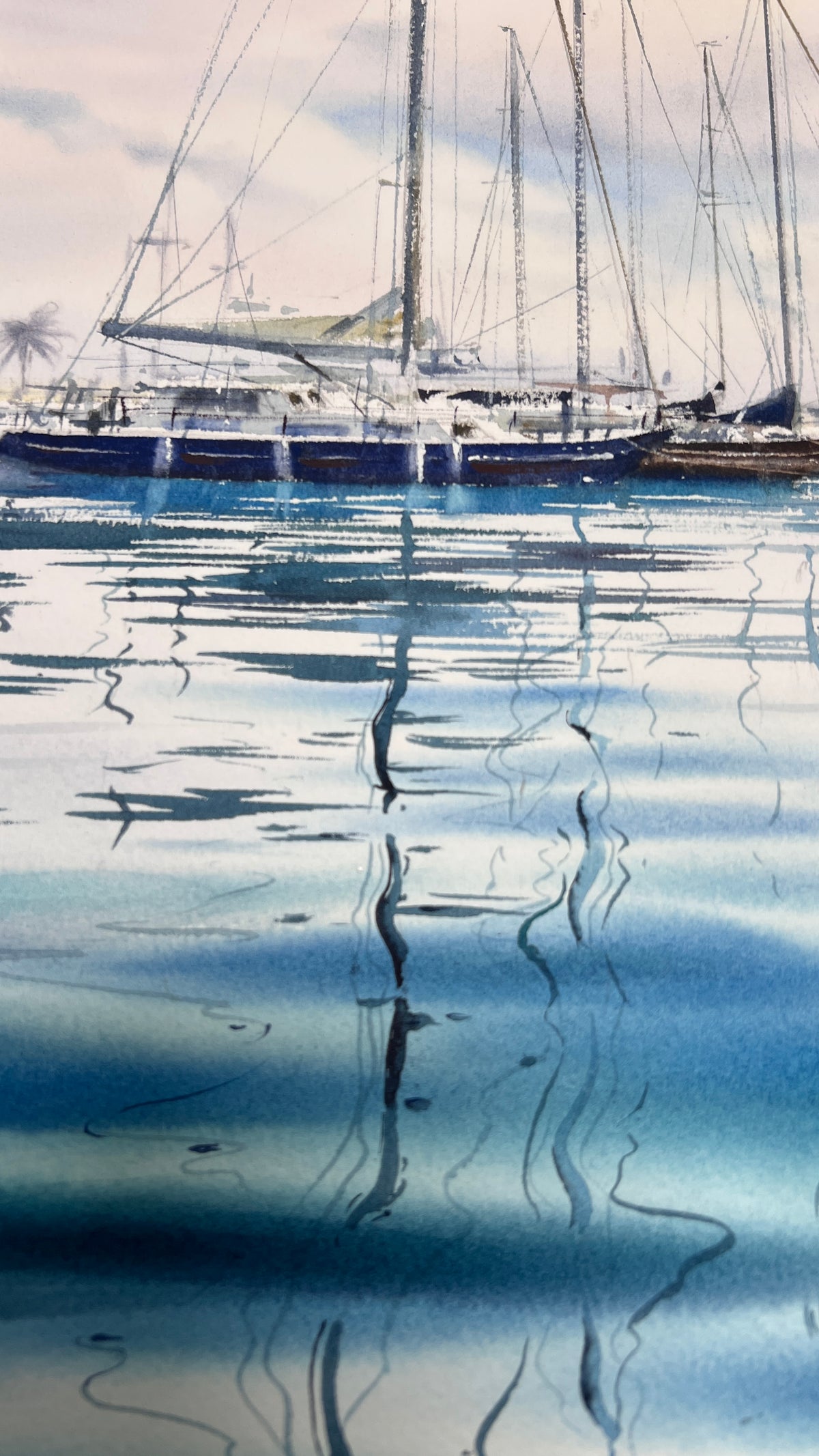 Sailboat Watercolor Painting, Blue Marina Wall Art, The Blue Silence 12x16