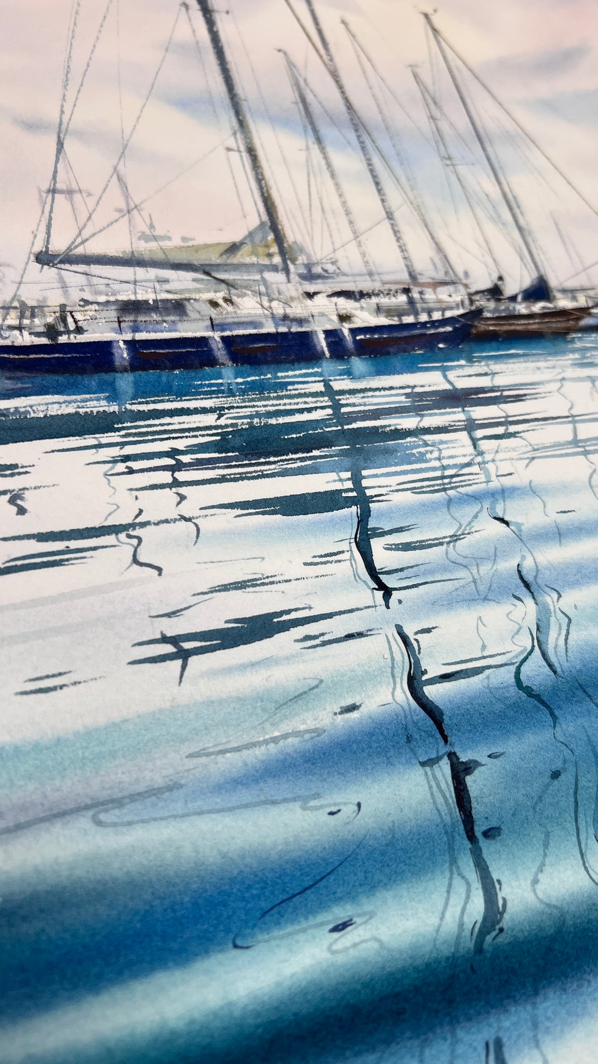 Sailboat Watercolor Painting, Blue Marina Wall Art, The Blue Silence 12x16