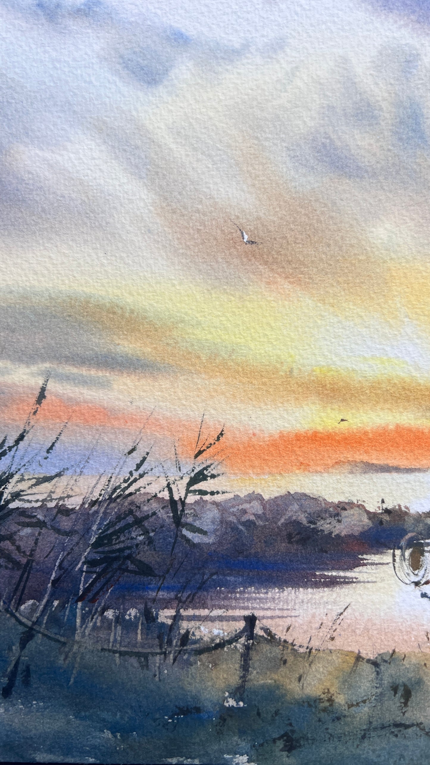 Original Watercolor Painting: Boats on Pier Sunset #4 12x16 in