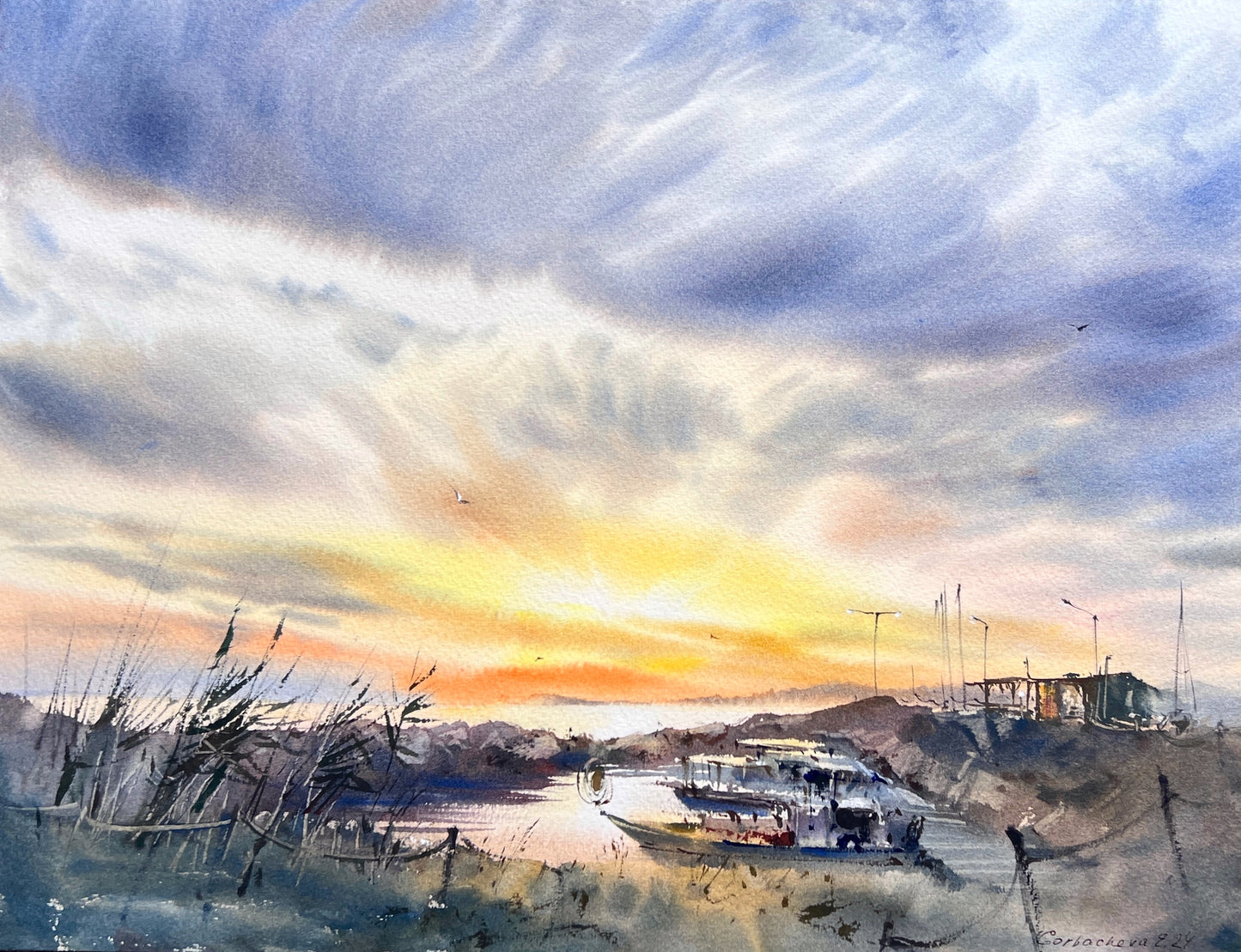 Original Watercolor Painting: Boats on Pier Sunset #4 12x16 in