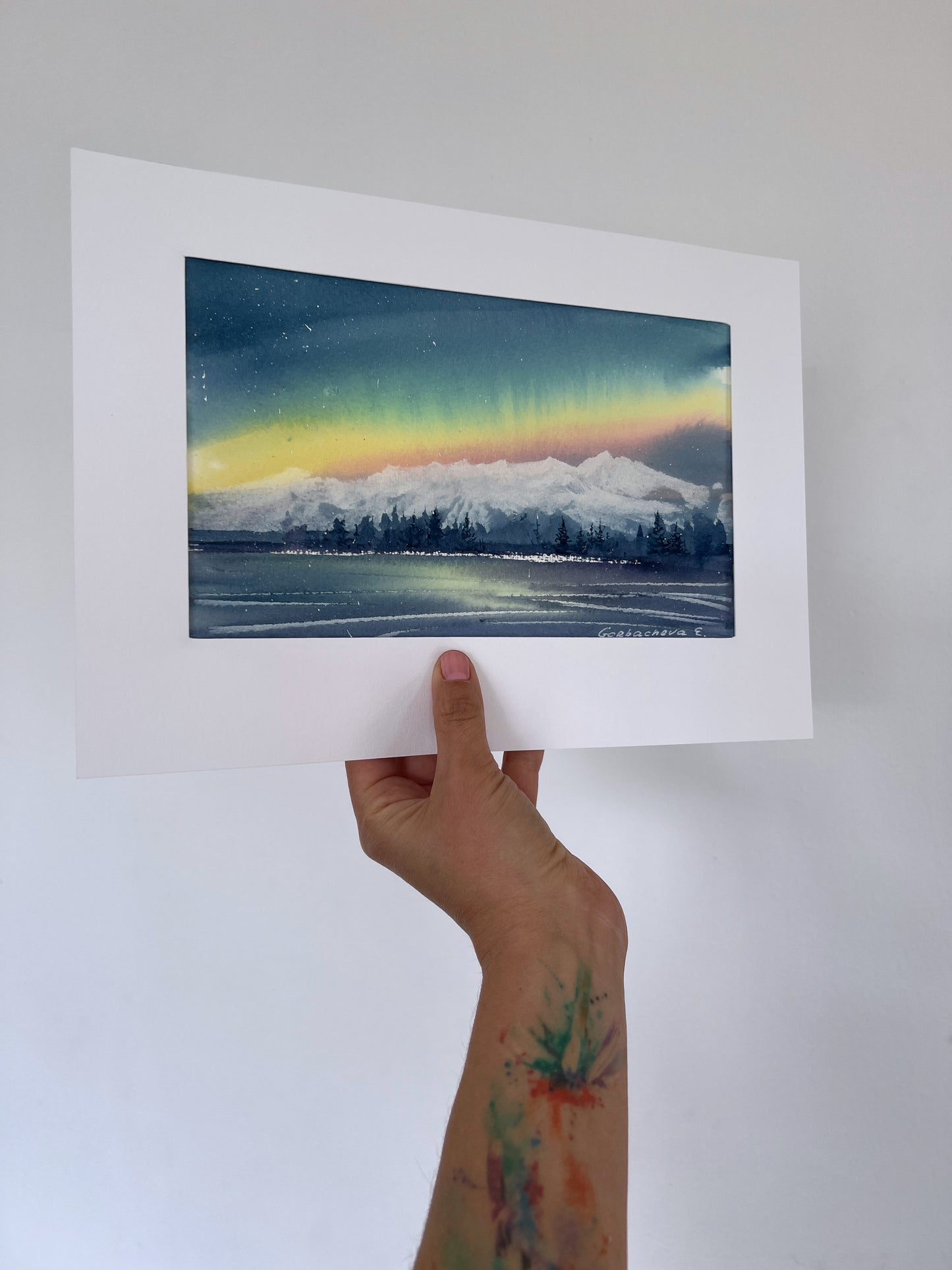 Small Painting Aurora Borealis, Original Watercolor, Night Sky Artwork - Northern lights #30