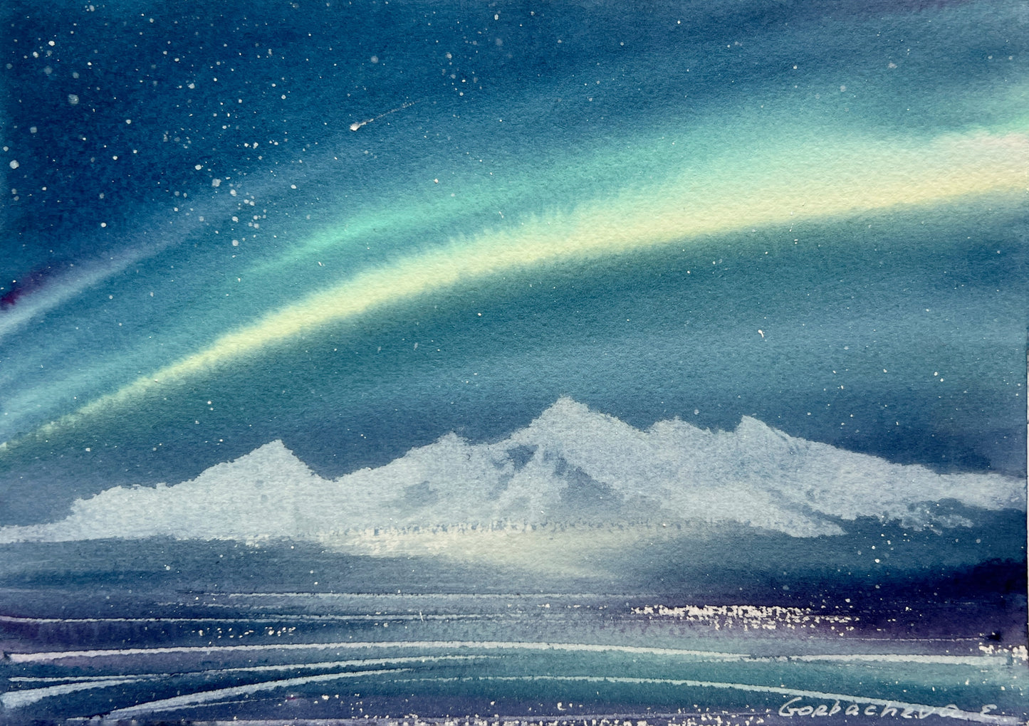 Northern Lights Small Painting Watercolor Original, Aurora Borealis Wall Art, Winter Nordic Landscape, Adventure