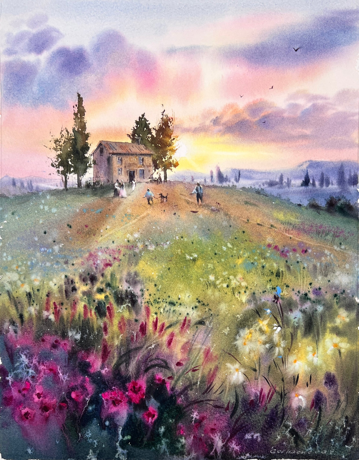 Sueños de Lavanda - Paisaje original pintado en acuarela de 16x12 pulgadas, serena escena natural en tonos púrpura.