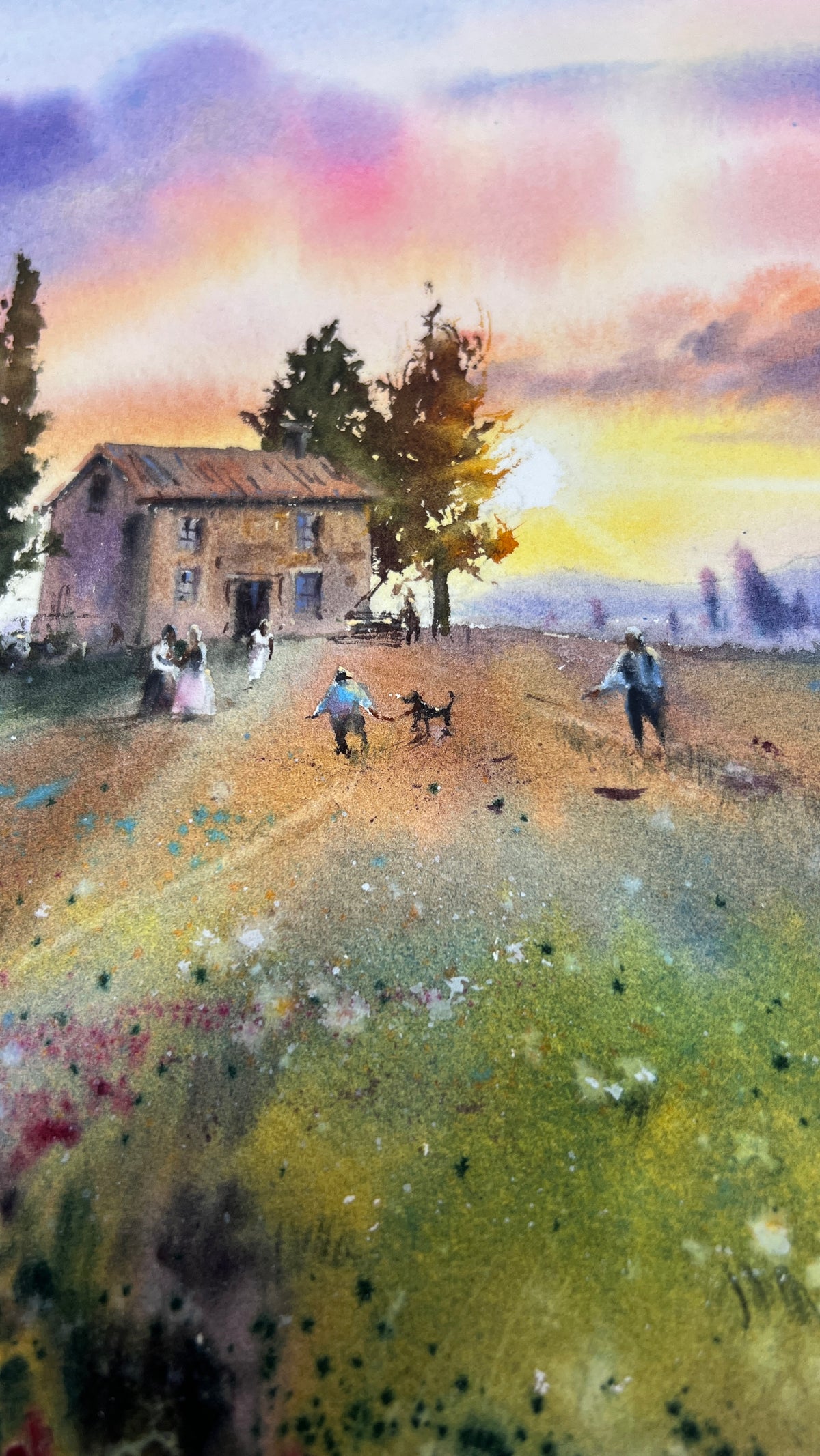 Sueños de Lavanda - Paisaje original pintado en acuarela de 16x12 pulgadas, serena escena natural en tonos púrpura.