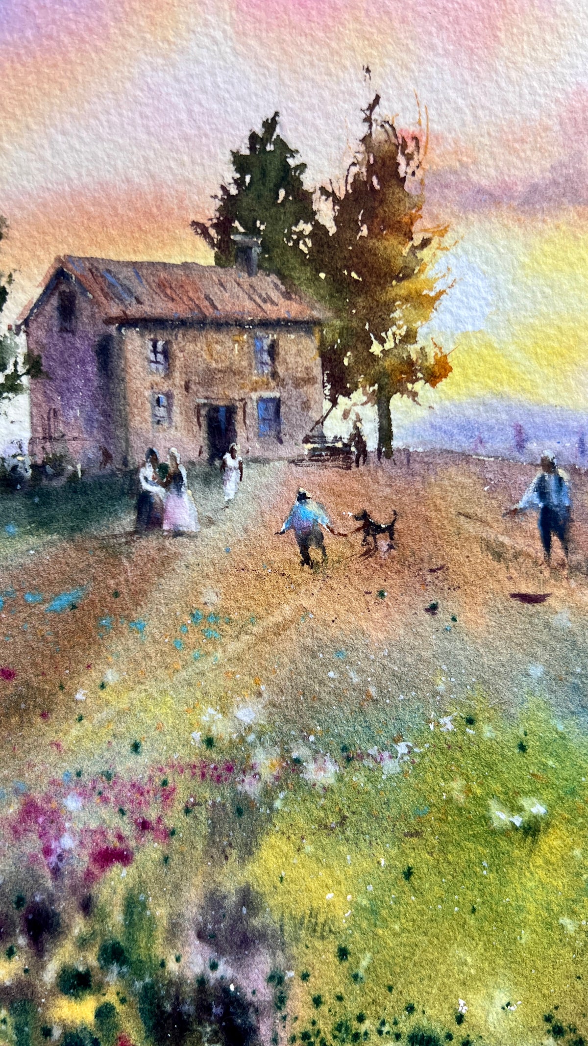 Sueños de Lavanda - Paisaje original pintado en acuarela de 16x12 pulgadas, serena escena natural en tonos púrpura.