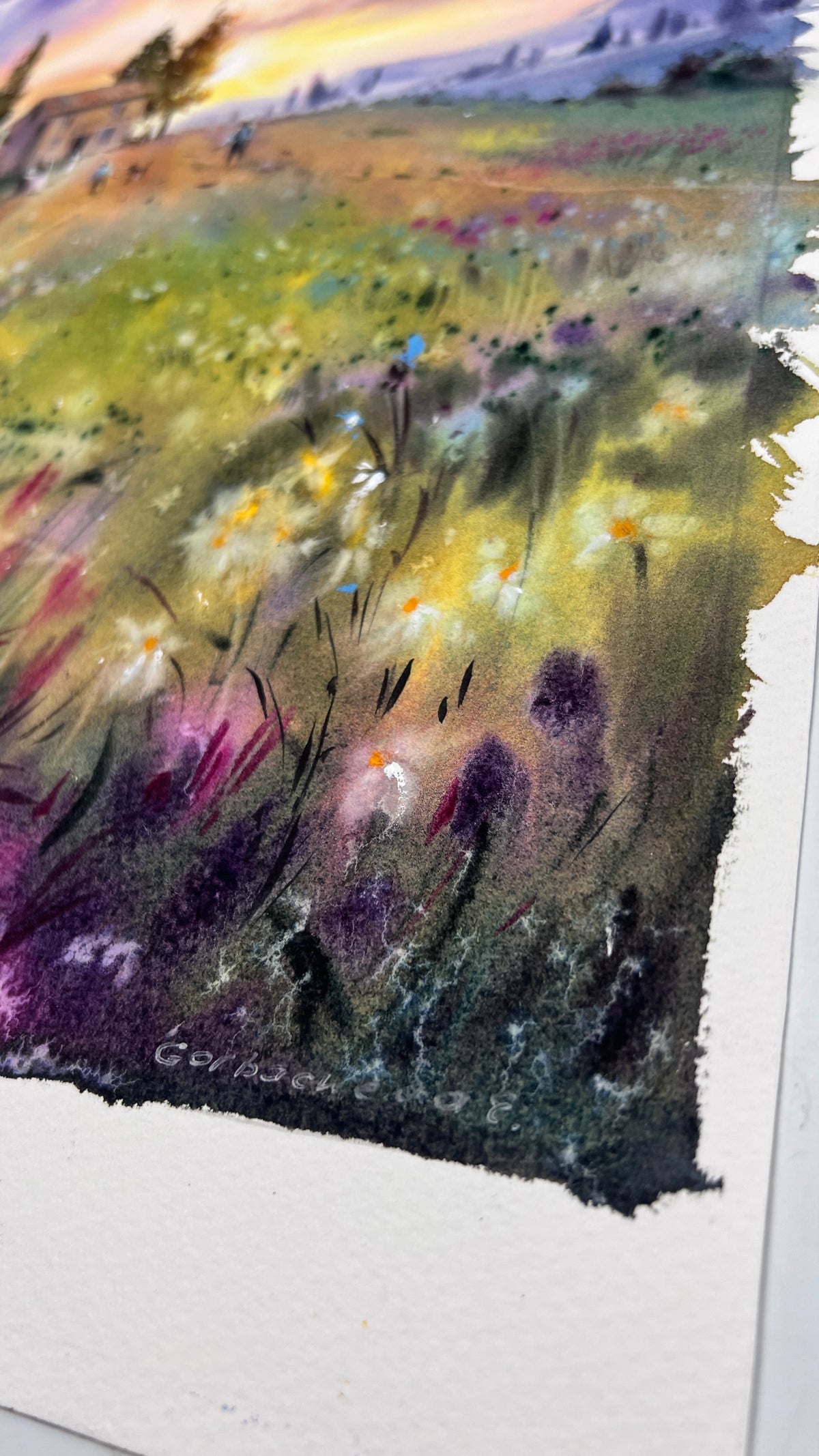 Sueños de Lavanda - Paisaje original pintado en acuarela de 16x12 pulgadas, serena escena natural en tonos púrpura.