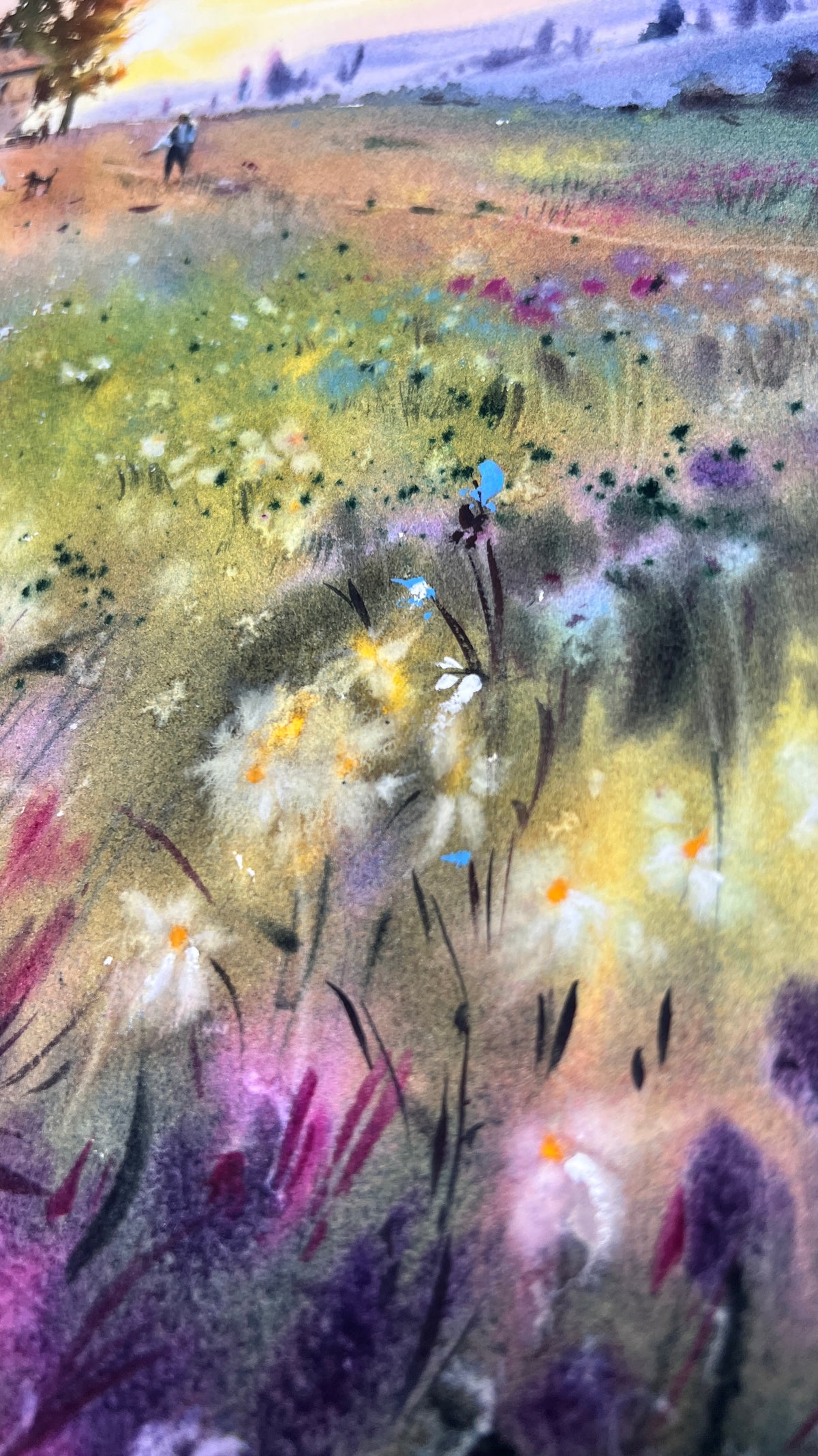 Sueños de Lavanda - Paisaje original pintado en acuarela de 16x12 pulgadas, serena escena natural en tonos púrpura.