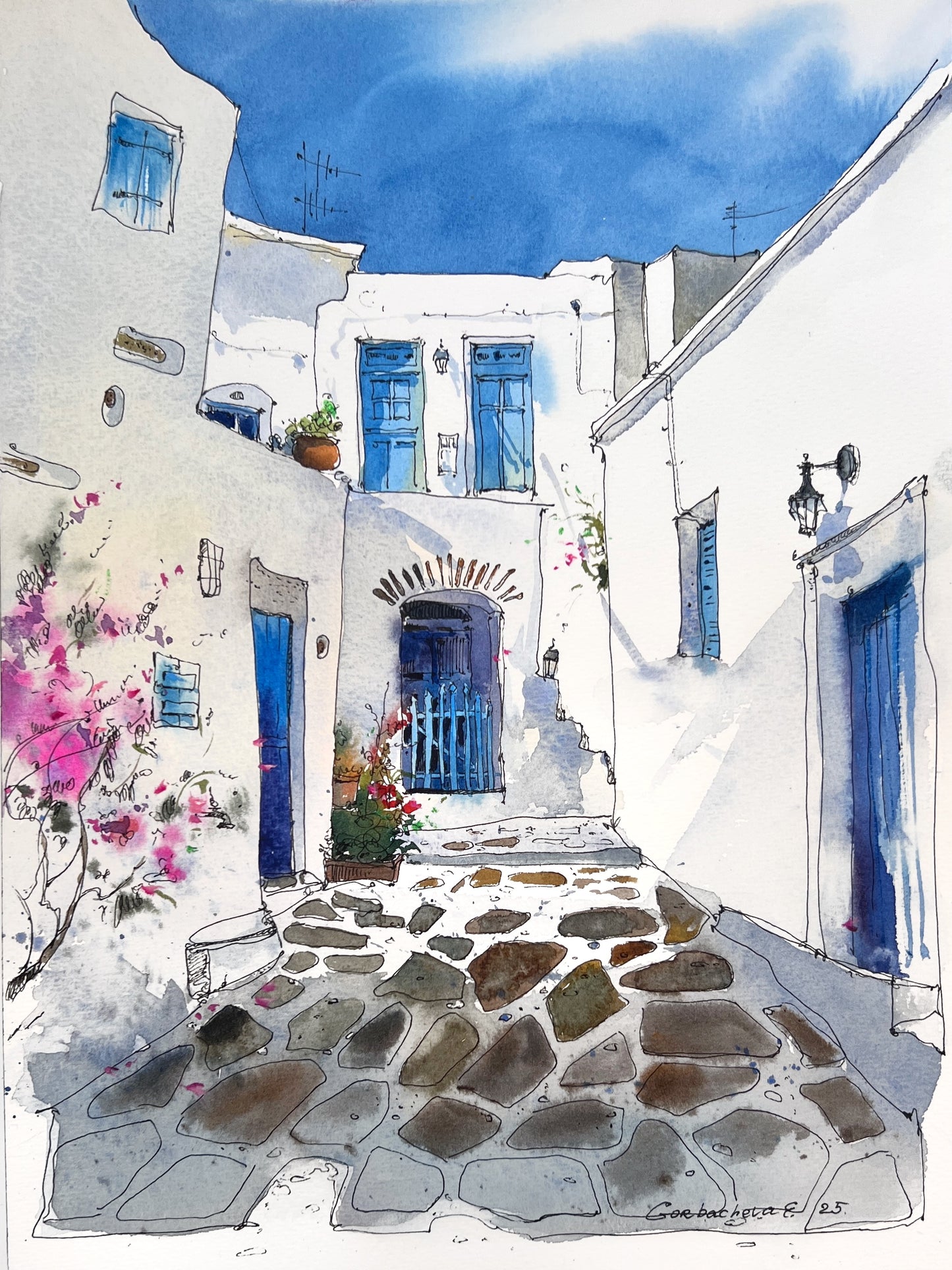 Spanish Corner - Mediterranean art original artwork, vibrant blue door and whitewashed walls