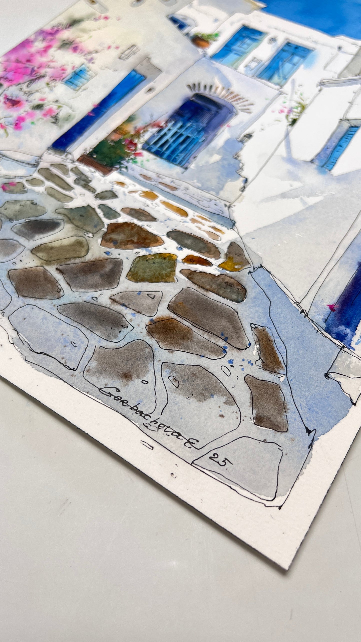 Spanish Corner - Mediterranean art original artwork, vibrant blue door and whitewashed walls