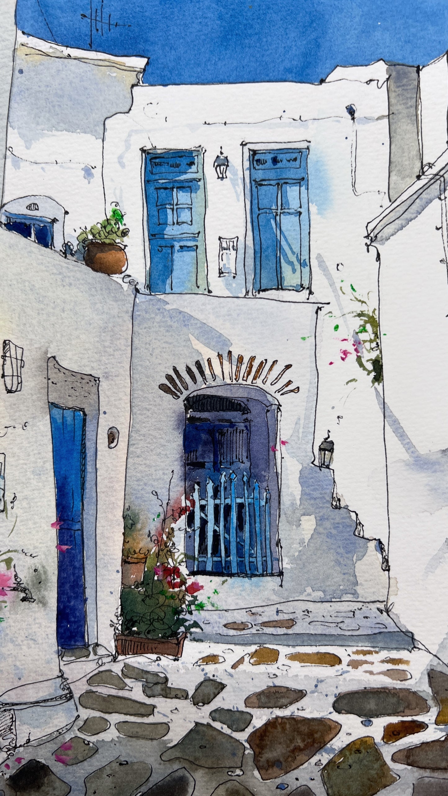 Spanish Corner - Mediterranean art original artwork, vibrant blue door and whitewashed walls